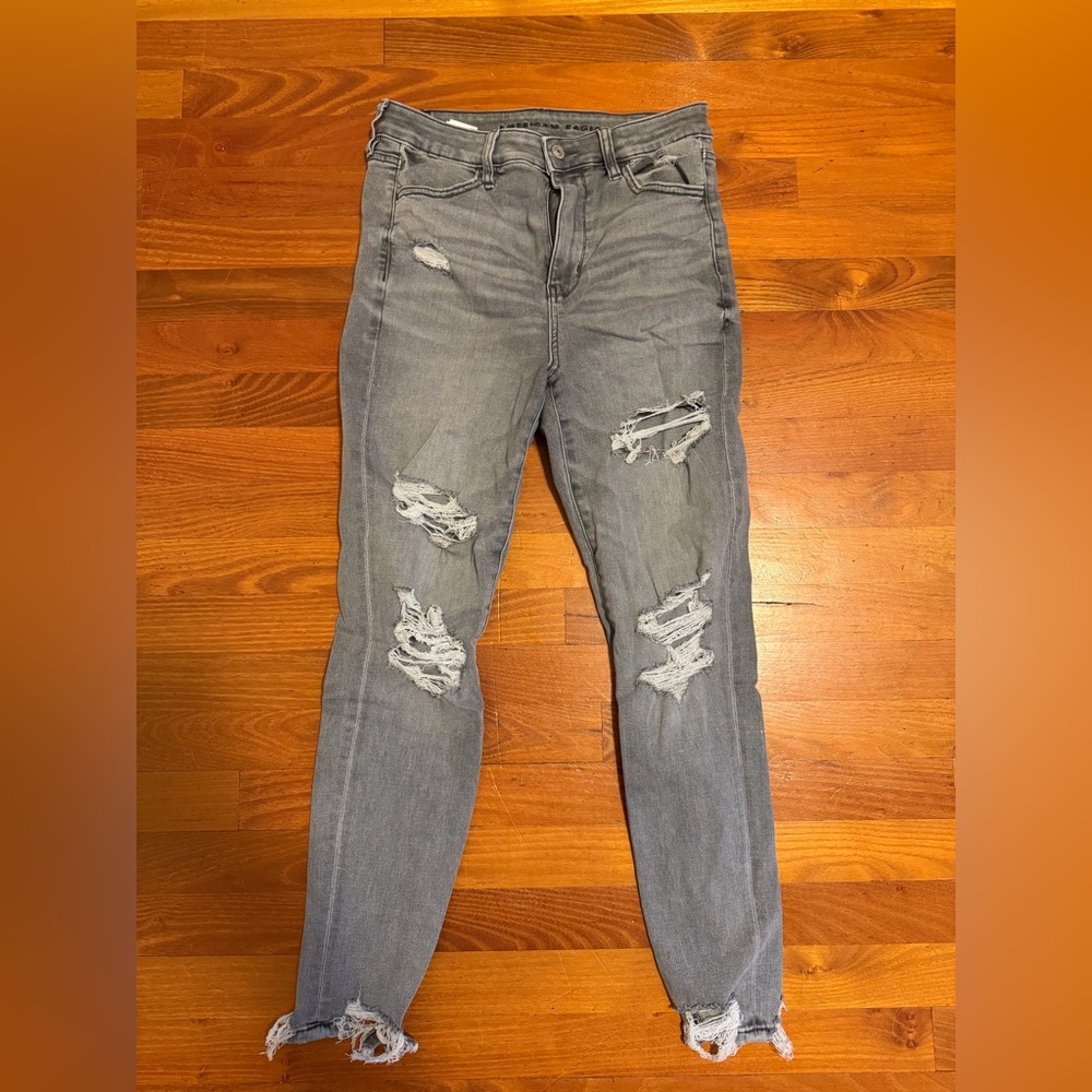 American Eagle Outfitters Gray Distressed Skinny Next Level Stretch Jeans